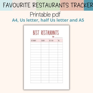 Può includere: Un documento PDF stampabile intitolato "FAVOURITE RESTAURANTS TRACKER". Il documento include una tabella con colonne per ristorante, cucina, piatto migliore e conto. Disponibile nei formati A4, US letter, half US letter e A5.