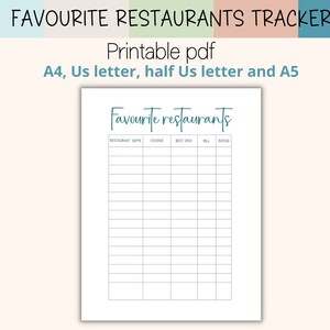 Può includere: Un documento PDF stampabile intitolato "FAVOURITE RESTAURANTS TRACKER". Il documento include una tabella con colonne per nome del ristorante, cucina, miglior piatto, conto e valutazione. Disponibile nei formati A4, US letter, half US letter e A5.