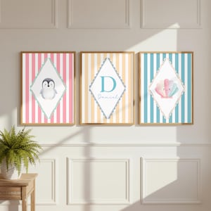 Personalized Ocean Nursery Wall Art Set of 3, Custom Baby Name Print, Neutral Watercolor Sea Animals, Penguin Shell Decor, Printable Nursery