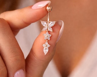 Butterfly Belly Button Ring Dangle, CZ Navel Piercing, Surgical Steel Belly Ring, Crystal Butterfly Piercing Jewelry, Cute Belly Bar