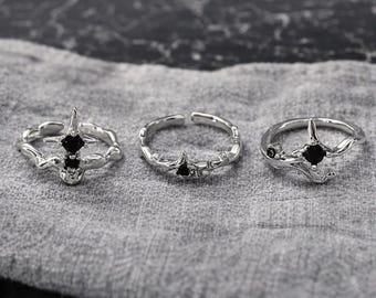 3-Piece Black Star Ring Set – Stackable Silver Gothic Rings with Black Stones, Adjustable Punk Jewelry