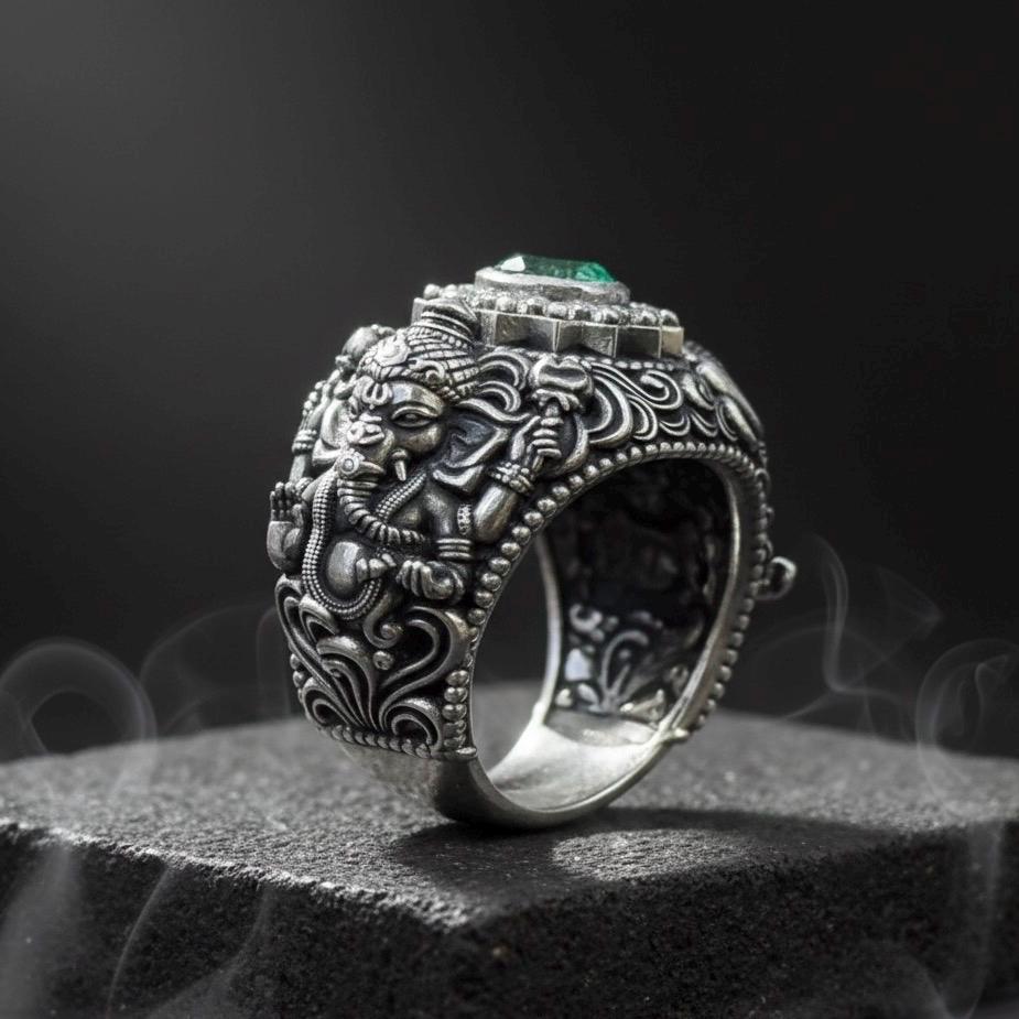 Lord Ganesha Ring: Antique Silver Finish, Green Gemstone, Hindu 