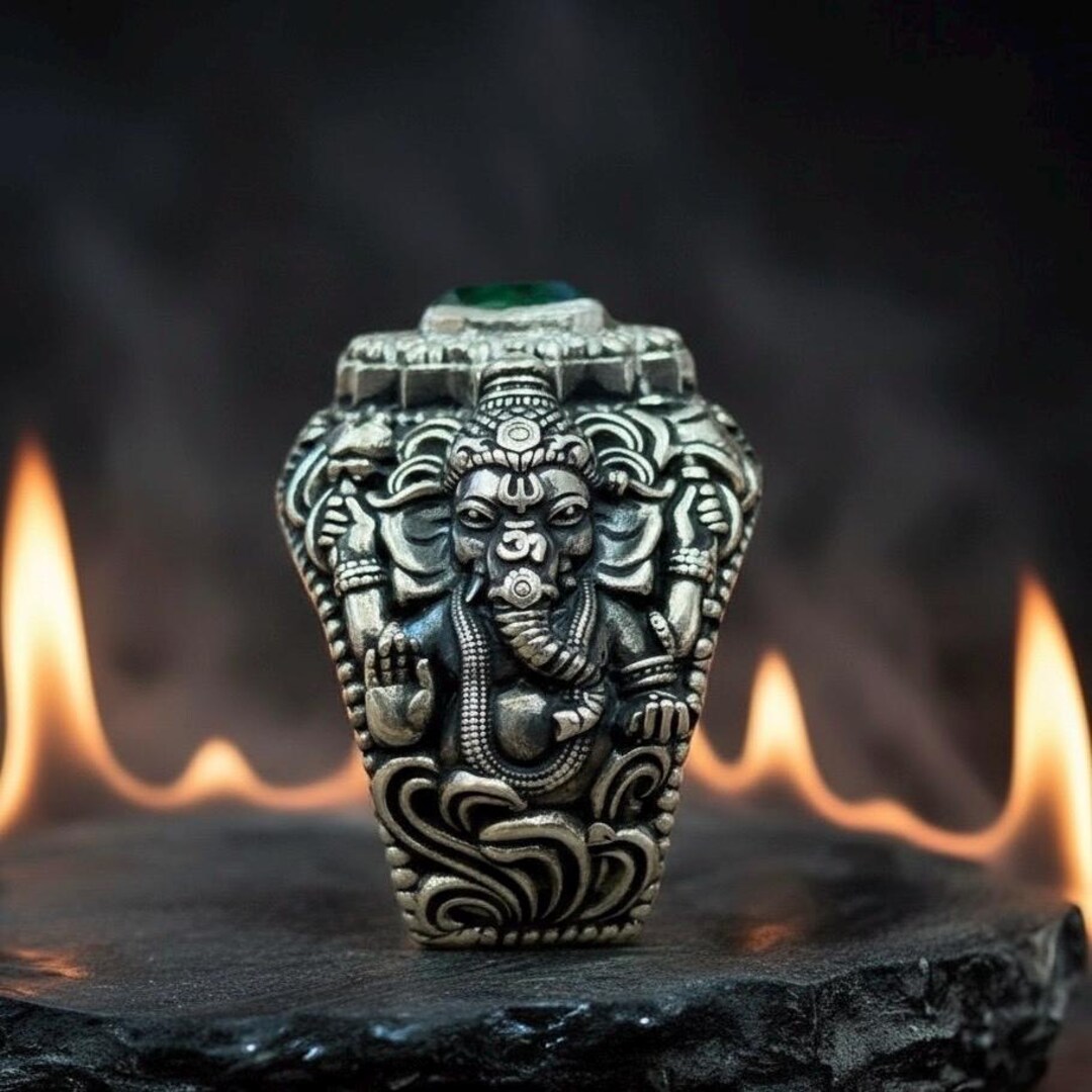 Lord Ganesha Ring: Antique Silver Finish, Green Gemstone, Hindu 