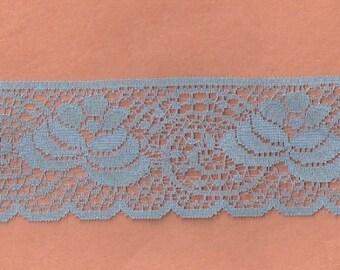May include: A close-up of a light blue lace trim with a scalloped edge and a floral pattern.