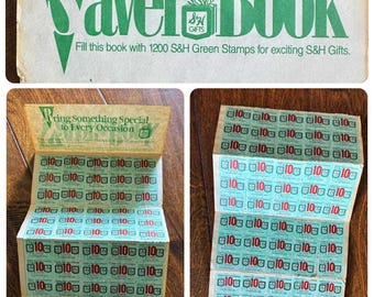 May include: Vintage S&H Saver Book with green text and logo. The book is filled with sheets of teal stamps, each with a value of 10. The cover reads "Fill this book with 1200 S&H Green Stamps for exciting S&H Gifts."