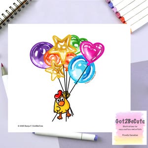 Adorable oiseau avec des ballons, autocollant artistique original pour un cadeau ou des albums de coupures, des journaux et des améliorations de carte