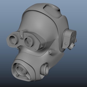 May include: A gray, futuristic helmet with multiple circular openings and attached components. The helmet features a prominent visor area with two circular lenses and additional cylindrical elements on the sides. The design suggests a sci-fi or industrial theme.