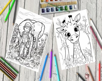 May include: Two black and white colouring pages featuring a young explorer with an elephant and a giraffe. The pages are on a white wooden surface with coloured pencils.
