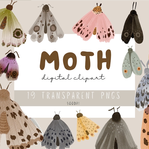 Moth Clip Art, Digital Sticker , Hand drawn in watercolor style , Whimsical Digital Art Boho png