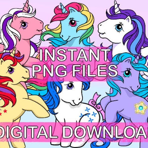 My Pretty Pony PNG BUNDLE Digital Download G1 Unicorn Ponies, Retro 90s, 80s, Clipart for Invitations, stickers, shirts