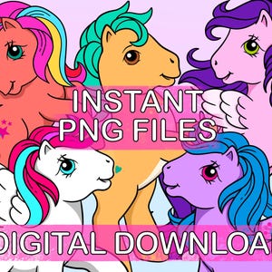 Paquete PNG de My Pretty Pony Descarga digital G5 a G1 Ponies, retro de los 90 y 80, imágenes prediseñadas para invitaciones, pegatinas, camisetas