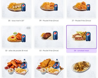 54 artículos de comida de pizzería Totalmente personalizables/foto para crear tu menú.