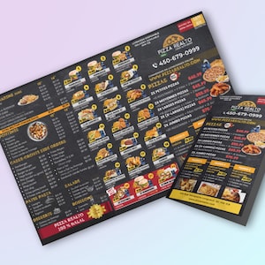 Menú de pizzería personalizado, folletos y menús de comida, menú de pizza, plantilla de Canva.
