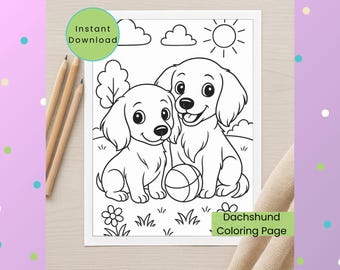 Dachshund Puppies Coloring Pages for Kids, Teens, and Adults:  Dog Lover Activities of Cute Dog Art (Instant PNG Download) Coloring Sheet