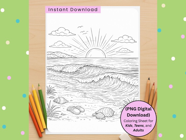 Sun Rising Colouring Page Sunset Coloring Page: Summer Activity (PNG Digital Download) Fun ...