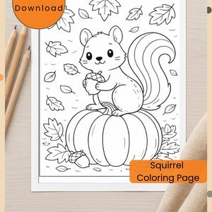 May include: A black and white line art coloring page featuring a squirrel sitting on a pumpkin while holding an acorn, surrounded by falling leaves and an additional acorn on the ground. The text Instant Download and Squirrel Coloring Page appear.
