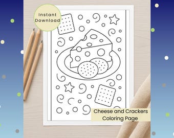 Cheese and Crackers Coloring Page: Food Activity (PNG Digital Download) Fun Coloring Sheet for Kids, Teens, and Adults