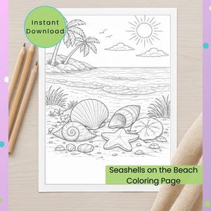 May include: Black and white line art coloring page featuring a beach scene with seashells, a starfish, and a sun. The text "Instant Download" and "Seashells on the Beach Coloring Page" are included.