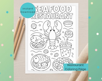 Seafood Coloring Page: Food Activity (PNG Digital Download) Fun Coloring Sheet for Kids, Teens, and Adults