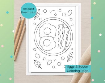 Eggs & Bacon Coloring Page: Food Activity (PNG Digital Download) Fun Coloring Sheet for Kids, Teens, and Adults