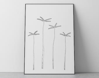 Line Drawing of Palm Trees Wall Art Black and White Minimalist Digital Print