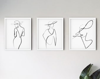Woman Line Art Set of 3, Minimalist Woman Dress Wall Art, Minimalist Wall Decor,  Digital Download PRINTABLE Female Line Art Prints