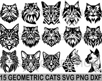 15 geometriska katter SVG PNG DXF | Direkt digital nedladdning | Polygonkatt | Minimalistisk katt | Katthuvuden | Cricut-skurna filer | Lasergravyr
