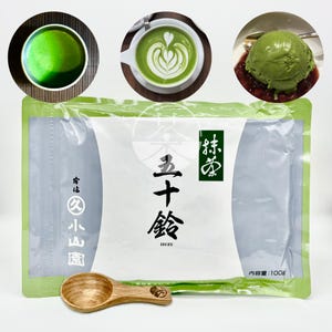May include: A package of matcha green tea powder with Japanese text and a wooden scoop. The image also shows a bowl of matcha, a matcha latte with latte art, and a scoop of matcha ice cream.