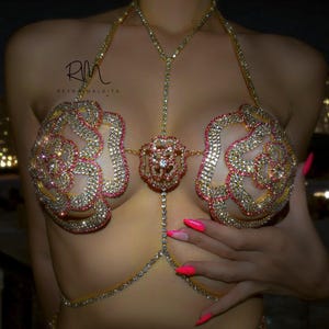 Rosé Crystal Bra in Gold and Pink - reynamaldita