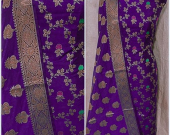 Handloom banarasi purple  pure katan silk suit for women exclusive bollywood suits party wear unstitched 3pc suit with duptta