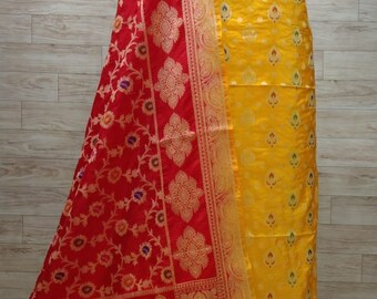 Handloom banarasi yellow  pure katan silk suit for women exclusive bollywood suits party wear unstitched 3pc suit with duptta