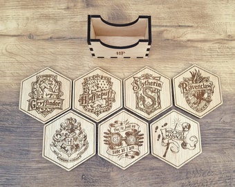 Harry Potter Inspired Hexagonal Coasters set of 7 - Harry Potter Fan Gift - Home Decor - Present - Housewarming Gift - Hogwarts Houses