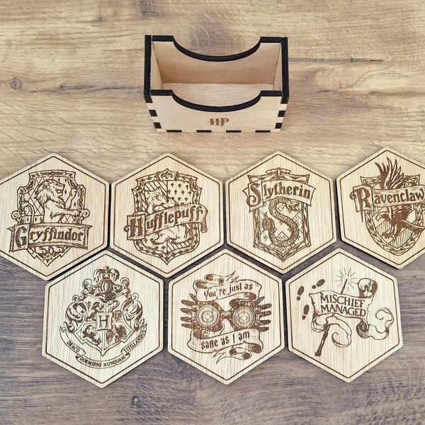 Harry Potter Inspired Hexagonal Coasters set of 7 - Harry Potter Fan Gift - Home Decor - Present - Housewarming Gift - Hogwarts Houses