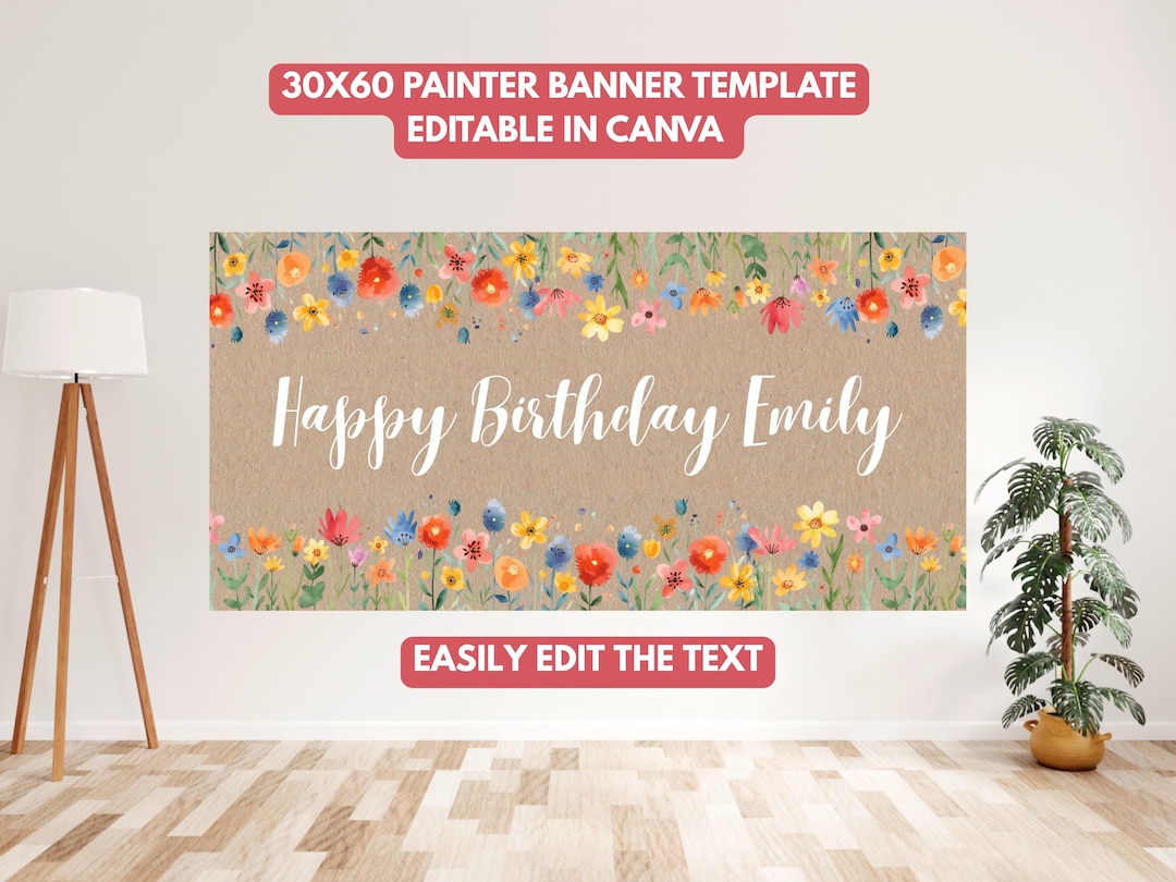 Floral Birthday Painted Banner Template, Editable Happy Birthday Banner ...