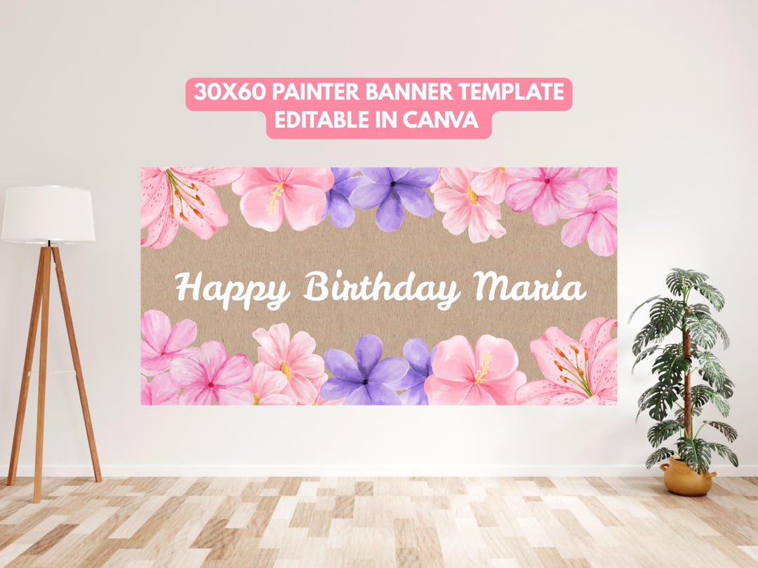 Floral Birthday Painted Banner Template, Editable Happy Birthday Banner ...