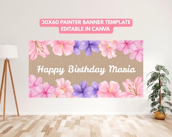 Floral Birthday Painted Banner Template, Editable Happy Birthday Banner, Digital Congratulations Banner Canva, Flower Paper Banner Birthday