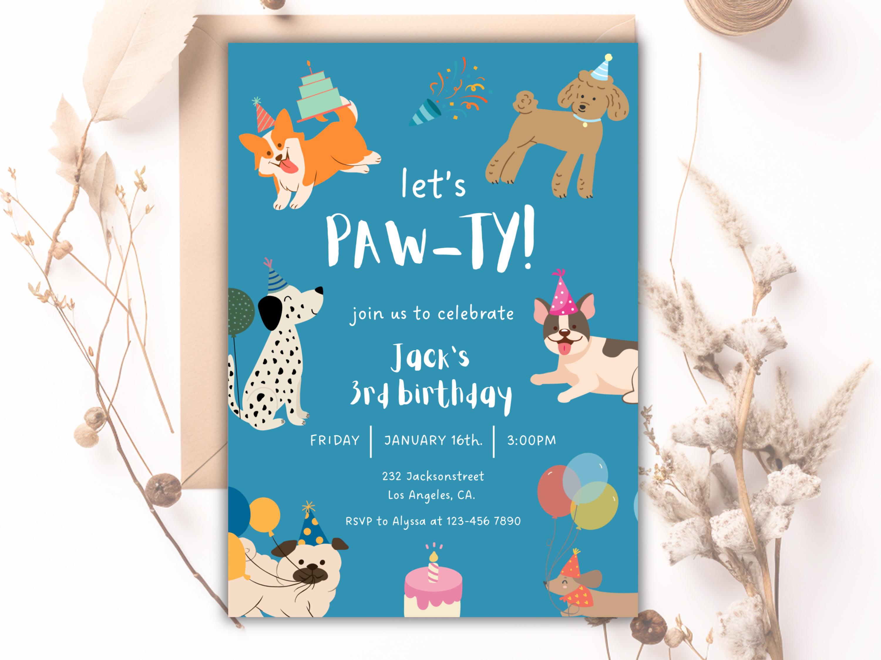 Blue Let's Pawty Dog Birthday Invitation, Calling All Party Animals Boy ...
