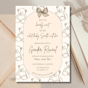 May include: A baby shower invitation with a teddy bear theme. The invitation features the text "We can bearly wait to see what baby Smith will be!" and details for a gender reveal party, including the date, time, and location.