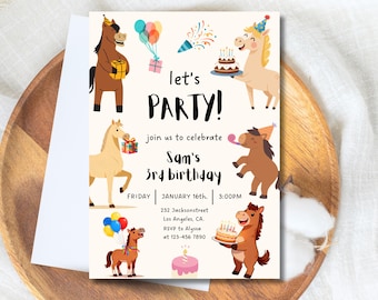 Horse Birthday Invitation | Editable Pony Party Invite Girl or Boy | Equestrian Birthday Template | Canva Printable Kids Birthday Any Age