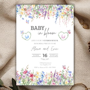 Floral Baby in Bloom Gender Reveal Invitation, Spring Flowers Gender Reveal Invite, Vintage Wildflower He or She Invite Phone and Print