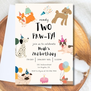 Födelsedagsinbjudan till Ready Two Pawty Dog | Redigerbar neutral inbjudan till 2-årsdagen av en valp | Mall för hundfest för pojke och flicka | Utskrivbar Canvas