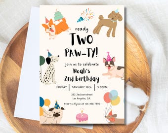 Ready Two Pawty Dog Birthday Invitation | Editable Neutral Puppy 2nd Birthday Invite | Dog Party Template for Boy and Girl | Canva Printable