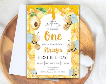 First Bee Day Birthday Invitation | Editable Bee 1st Birthday Invite Girl | Honey Bee Party Template | Canva Printable Download