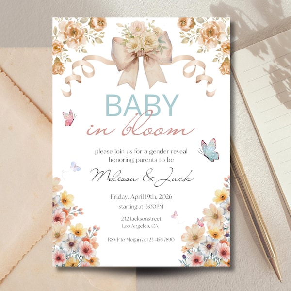 Invito per la rivelazione del sesso del bambino a tema "Baby in Bloom" / Invito modificabile per la rivelazione del sesso del bambino a tema farfalle e fiori selvatici / Modello floreale "He" o "She" / Stampabile su Canva