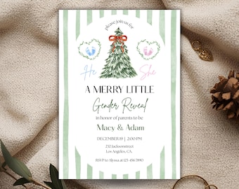 May include: A gender reveal invitation with a Christmas tree design. The invitation features the text "A Merry Little Gender Reveal" and includes details for the event, such as the date, time, and location. The invitation also includes the names of the parents-to-be, Macy & Adam.