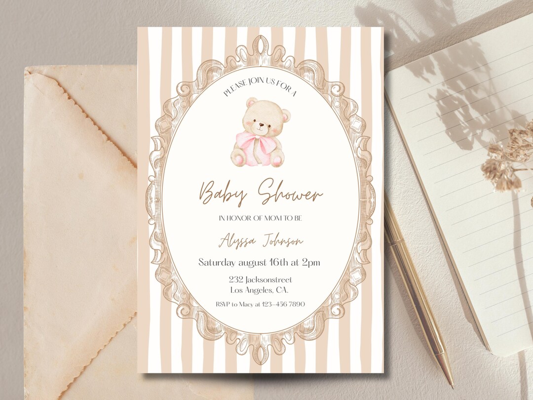 Pink Boho Bear Baby Shower Invitation Template, Teddy Bear Vintage ...