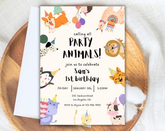 Jungle Party Animals Birthday Invitation | Editable Kids Animal Party Invite | Calling All Party Animals Birthday Template | Canva Printable