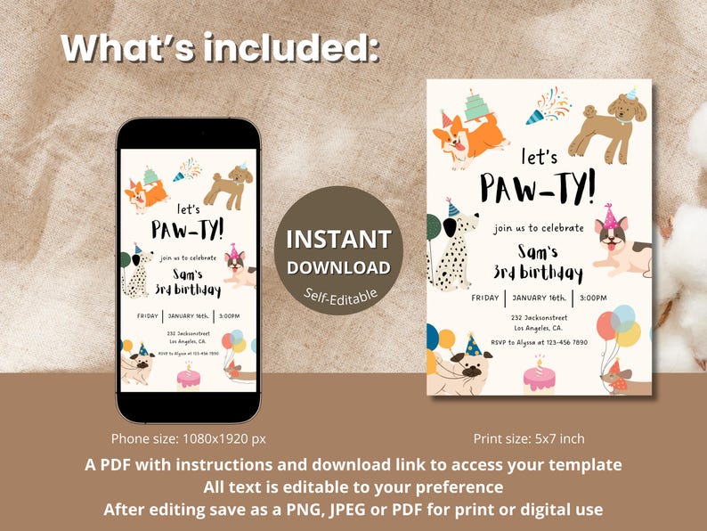 May include: A digital invitation for a dog-themed birthday party. The design features cartoon dogs, balloons, and party hats. The invitation includes the text "Let's PAW-TY!" and details for the party, including the date, time, and location.