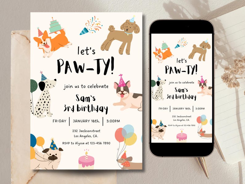 May include: A birthday invitation featuring cartoon dogs and the text "let's PAW-TY!" for Sam's 3rd birthday. The invitation includes the date, time, and address. A smartphone shows the same invitation design, ideal for digital sharing.