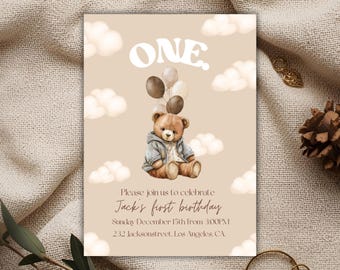 Convite de Aniversário de Um Ano com Urso, Convite Editável para o Primeiro Aniversário com Urso, Convite Neutro para o Primeiro Aniversário, Convite Boho para o Primeiro Aniversário com Balões de Urso